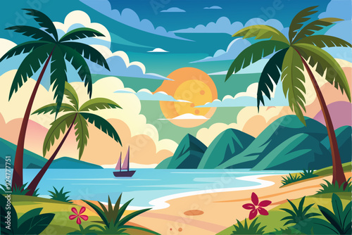 Tropical Beach Scene with Palm Trees, Mountains, and a Sailboat
