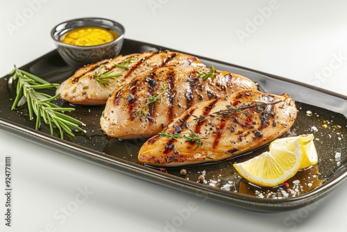 Grilled chicken breasts served with lemon and mustard on a black plate.