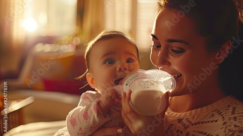 Mother feeding her baby with Enfamil Gentlease formula, warm loving interaction