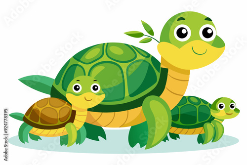 A Family of Three Cartoon Turtles with Green Shells