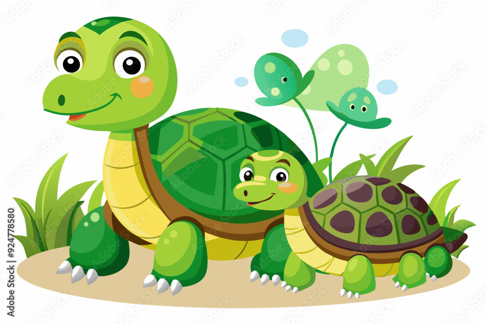Fototapeta premium Two Green Turtles with Cartoon Features in a Grassy Area