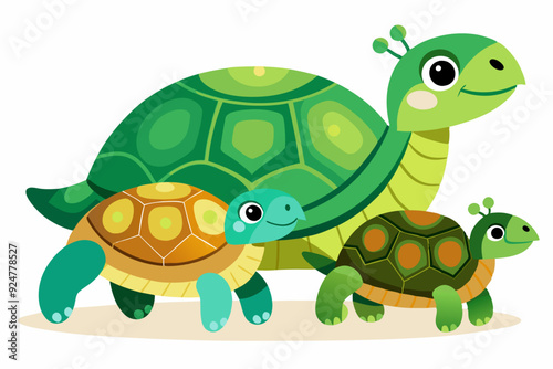 Three Cartoon Turtles with Green Shells and Bright Colors