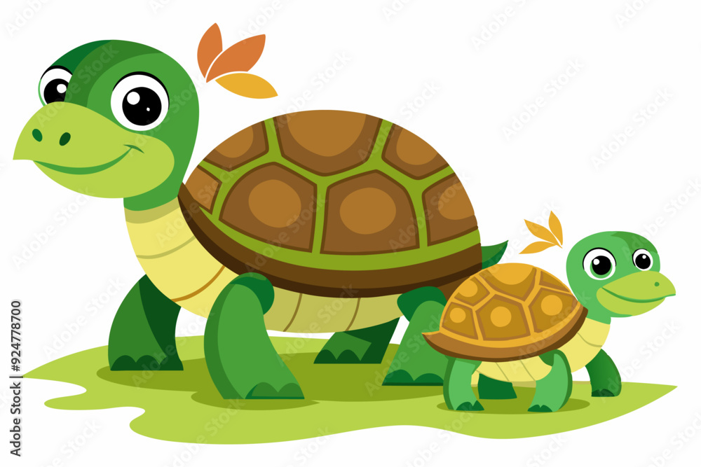 Fototapeta premium Two cartoon turtles with green shells and brown spots standing on green grass