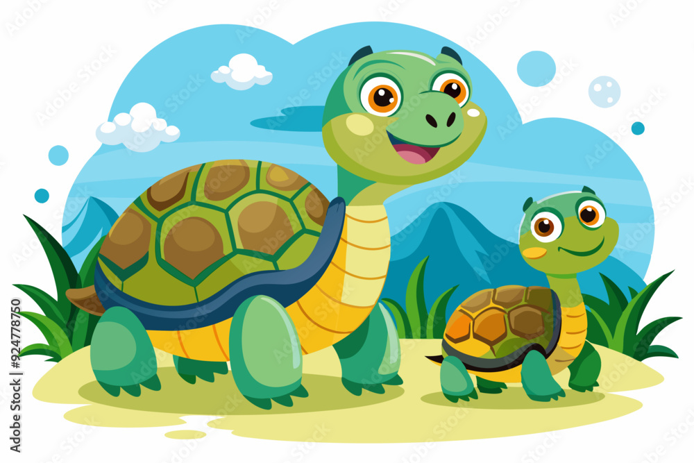 Obraz premium Two Cartoon Turtles Walking in a Green Landscape
