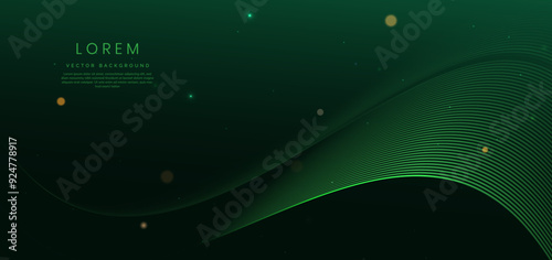 Luxury green background with curved glowing green lines lighting effect sparkle. Template premium award ceremony design.