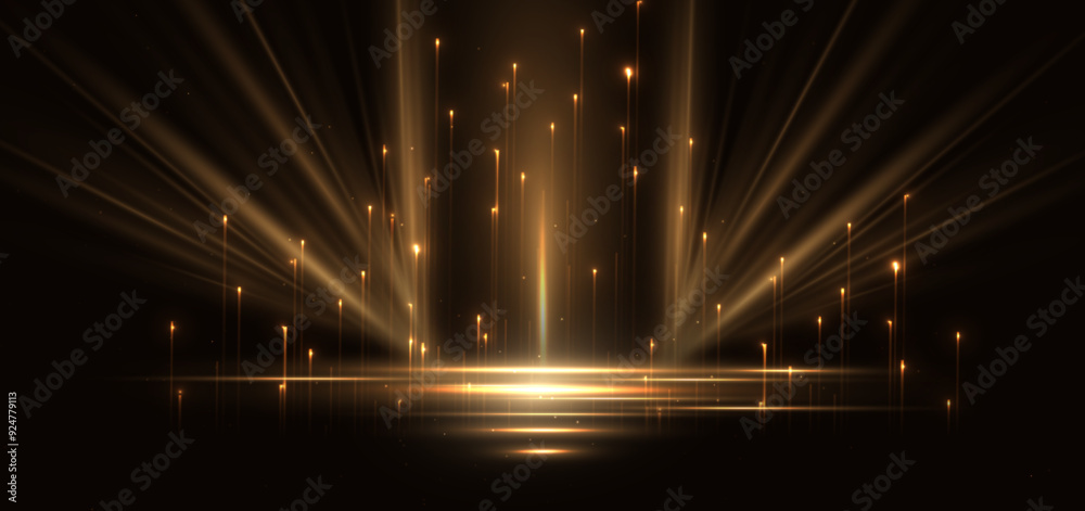 Abstract glowing gold diagonal lighting lines on dark  background with lighting effect and sparkle with copy space for text. Luxury design style.