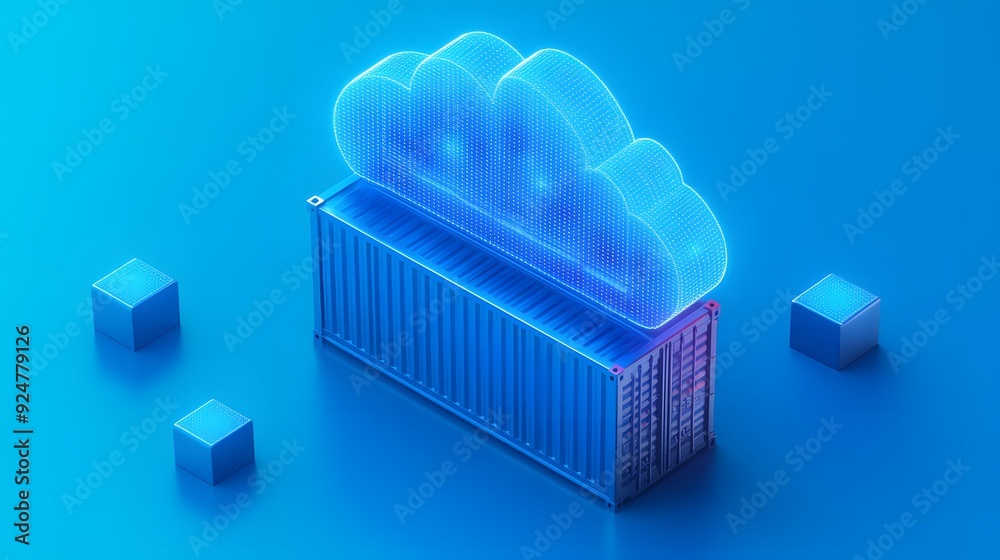 3D illustration of cloud computing and container technology, showing data storage and processing in a digital cloud environment. 3D illustration of cloud computing and container technology, showing data storage and processing in a digital cloud environment.