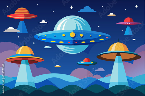 Flying Saucers Over a Blue Landscape