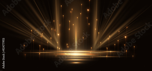 Abstract glowing gold diagonal lighting lines on dark  background with lighting effect and sparkle with copy space for text. Luxury design style.