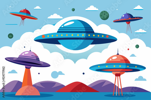 A Cluster of Flying Saucers Hovering Above a Mountainous Landscape