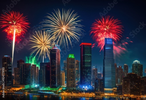 vibrant fireworks bursting brightly over stunning nighttime city skyline illuminated buildings glowing lights, cityscape, illumination, display, celebration