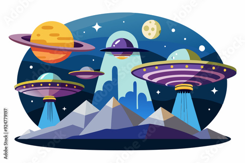 Three Flying Saucers Over Mountainous Landscape with Planets and Stars