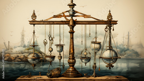 Nautical Devices - scales, balance, antique, water, vintage, brass, industry, artistic, steampunk, rustic, mechanical, objects, weight, equilibrium, precision