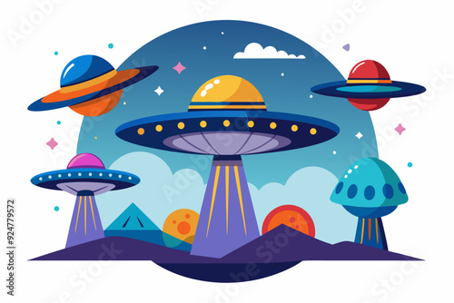 Colorful Cartoon UFOs Landing on a Planet with Stars and Clouds