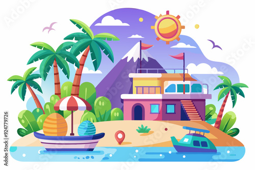 Tropical Island Paradise with a House, Palm Trees, Boats, and a Mountain