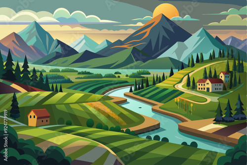 Serene Mountain Landscape with Winding River and Farmhouses