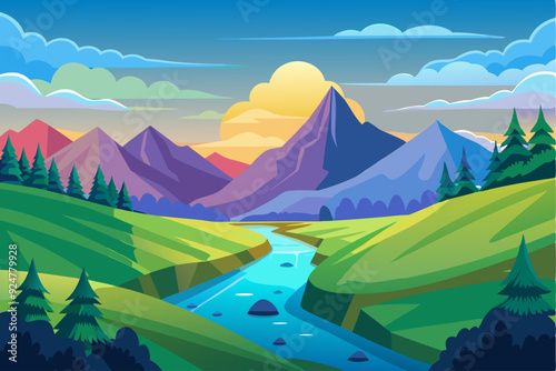 A winding river flows through a picturesque mountain valley, with a vibrant sunset illuminating the sky.