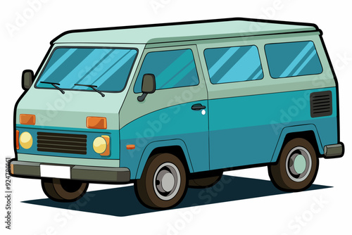 A cartoon illustration of a teal and white van with a shadow beneath it