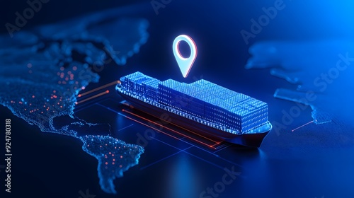 Fototapeta Naklejka Na Ścianę i Meble -  3D rendering of a cargo ship on a digital world map with a location pin, symbolizing global shipping and logistics technology.