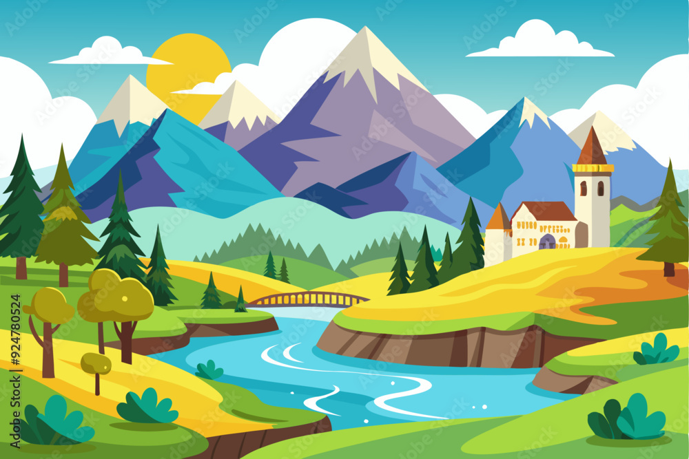 Naklejka premium Picturesque Mountain Landscape with a Winding River and a Castle
