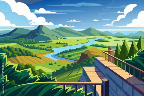 A Scenic View from a Mountaintop Deck Overlooking a River Valley
