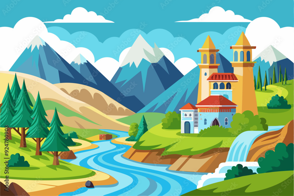 Mountainous Landscape with River, Waterfall, and Towering Building Mountainous Landscape with River, Waterfall, and Towering Building