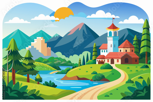 Picturesque Landscape with a Winding River, Towering Mountains, and a Charming House