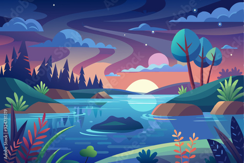 Nighttime Lake Landscape with Stars and a Sunset Sky