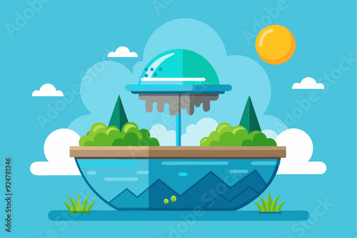 A Cartoon Landscape with a UFO Hovering Over a Floating Island