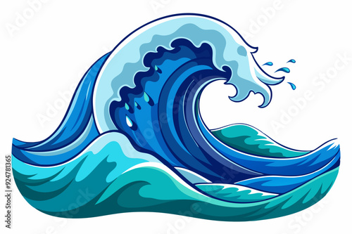 A large blue wave with white foam crashing over smaller waves.