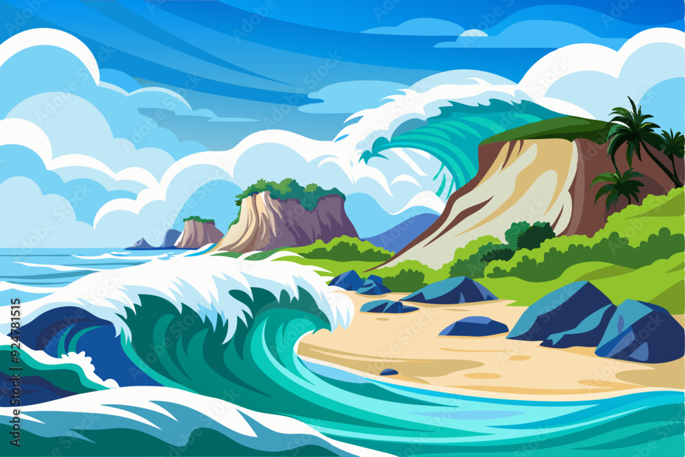 Obraz premium A Tranquil Coastal Scene with Rolling Waves and Lush Foliage