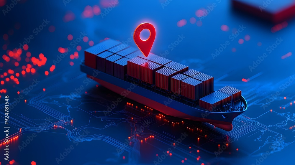 Obraz premium A futuristic cargo ship equipped with tracking technology, navigating through a digital map overlay under the glow of technological visuals.