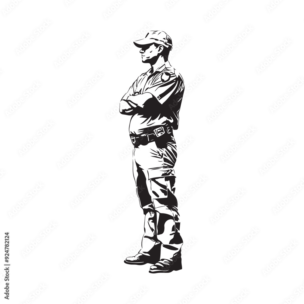 Standing policeman with crossed arms. Confident police officer vector image isolated on white background Standing policeman with crossed arms. Confident police officer vector image isolated on white background