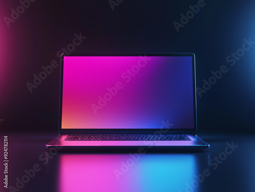 Graphic 3d model style of laptop computer mockup in dark background theme.