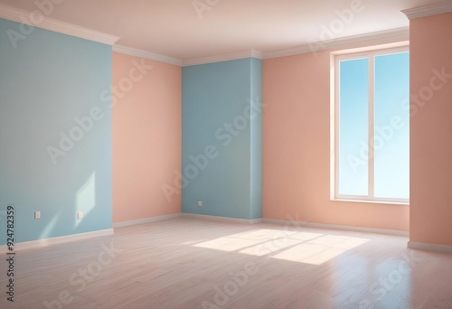 Wall mock up in empty interior background, room with pastel peach color wall, 3d render