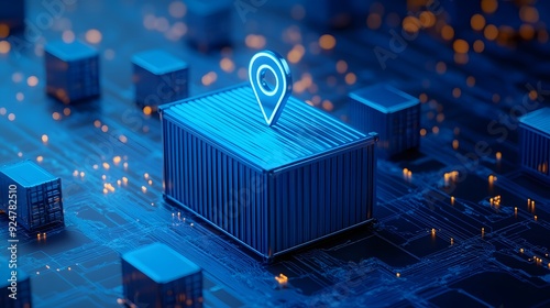 Artificial Intelligence concept with a glowing localization icon on a blue container, symbolizing logistics and technology integration