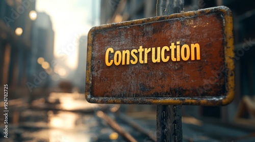 Urban Construction - Vibrant 3D Text Sign on Busy Construction Site with Space for Text Overlay in Bright Outdoor Light