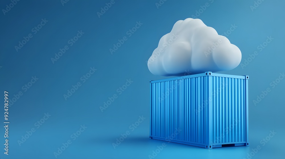 Blue shipping container with a white cloud overhead on a blue background, representing cloud storage and data transfer. Blue shipping container with a white cloud overhead on a blue background, representing cloud storage and data transfer.