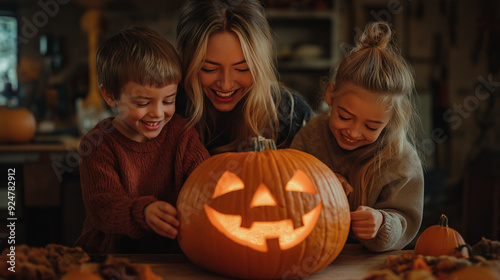 A mom and her two children carving a jank o lantern pumpkin