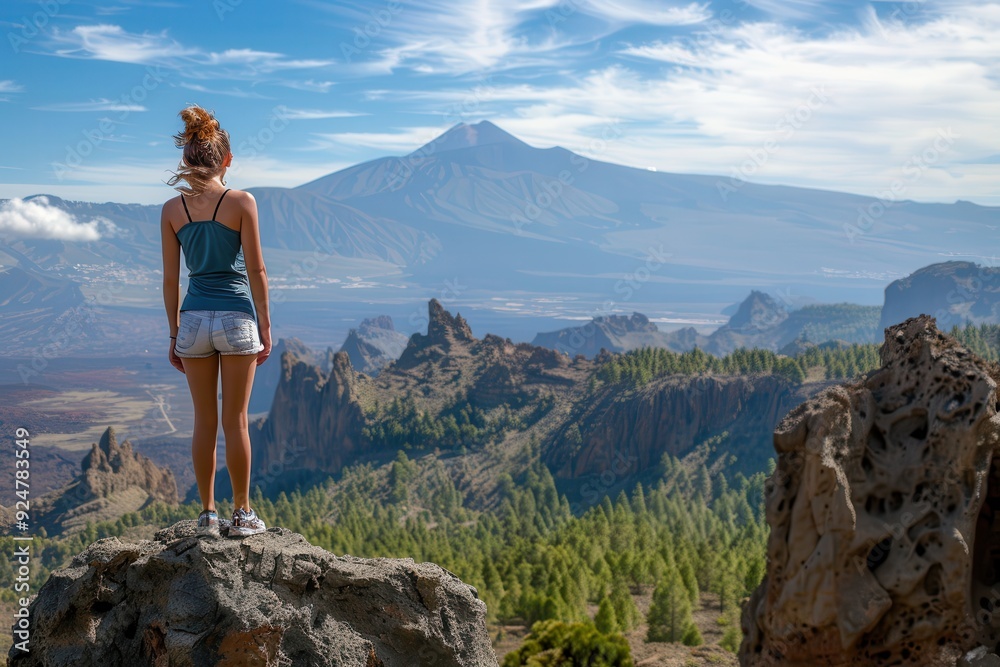 Obraz premium Standing On A Rock. Adventure Girl Enjoying the Beautiful View of Roque Nublo and Mount Teide at Gran Canary Islands, Spain