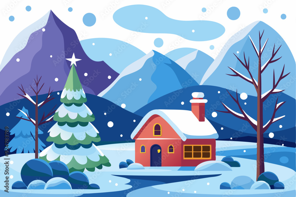 Fototapeta premium Snowy Cabin in a Wintery Mountain Landscape