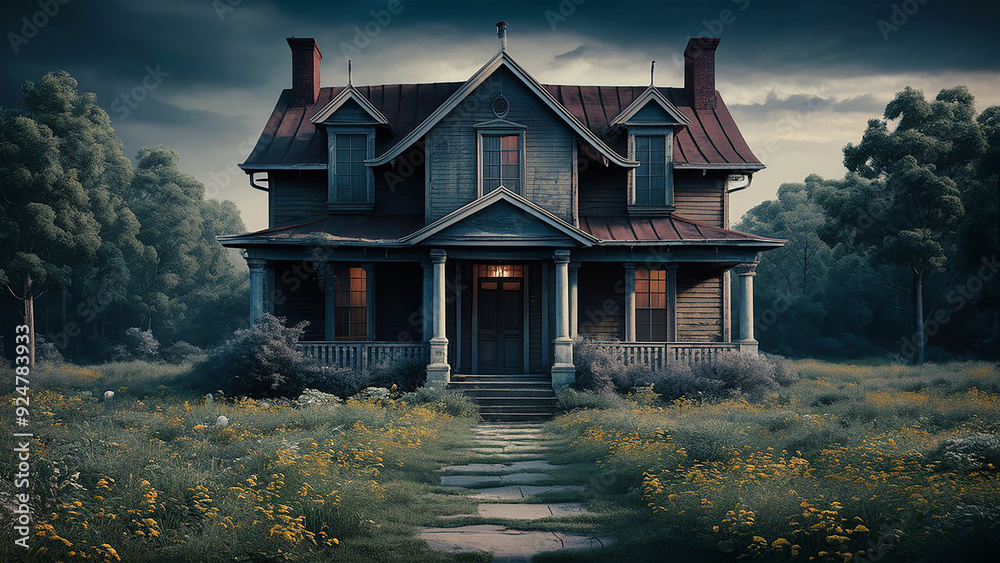 A house with its worn-out facade and a garden overtaken by wildflowers dark scary Generated by AI A house with its worn-out facade and a garden overtaken by wildflowers dark scary Generated by AI