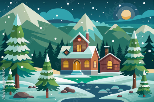 Snowy Mountain Cabin Scene with Frozen Creek