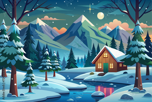 Snowy Mountain Cabin with Stream and Starry Night