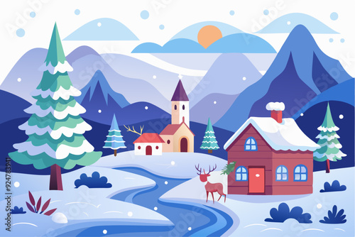 Snowy Winter Landscape with a Cabin and Reindeer