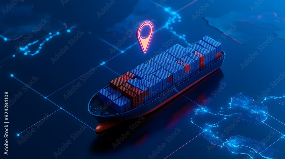 Fototapeta premium Container ship with GPS pin glowing icon on a digital map, illustrating global logistics, shipping, and cargo transportation.