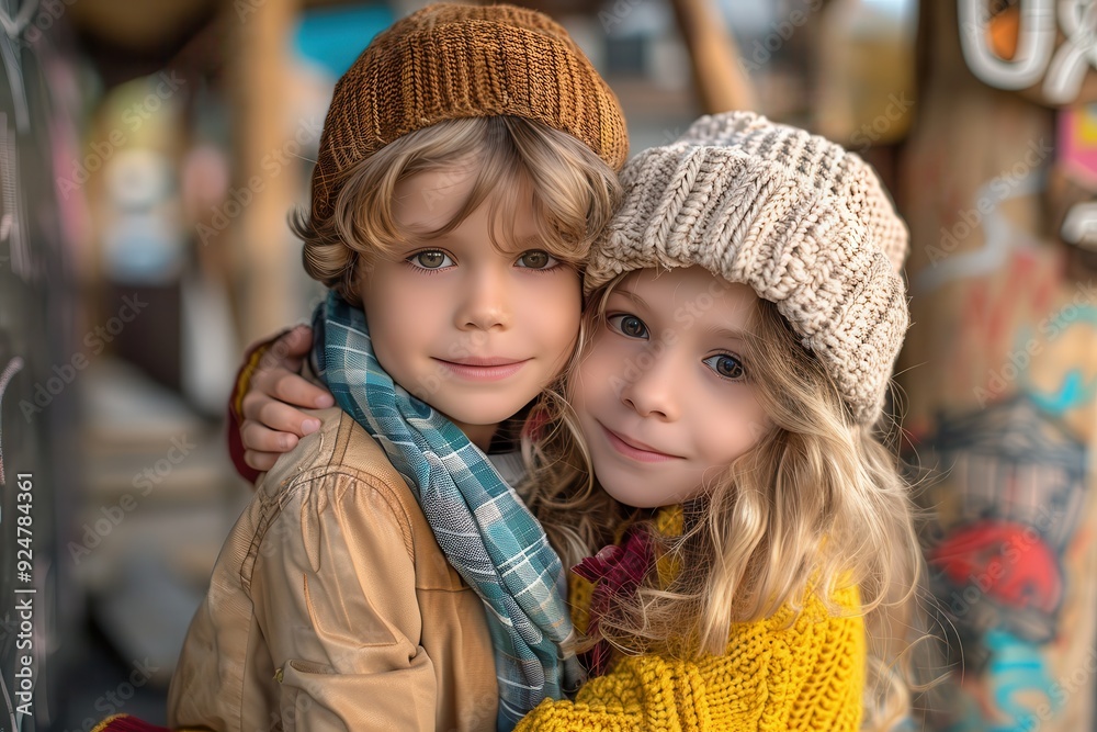 Stylish Kids. Children Hugging with Modern Casual Attire, High-Coloured, Confident Expression Stylish Kids. Children Hugging with Modern Casual Attire, High-Coloured, Confident Expression