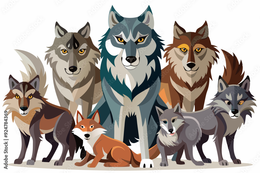 Fototapeta premium A Pack of Wolves and a Fox Standing Together