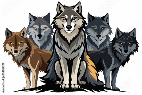 A Pack of Five Wolves Standing in a Row