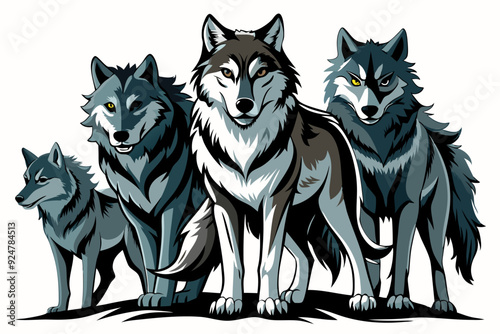 Four Grey Wolves Standing Together with Fierce Expressions
